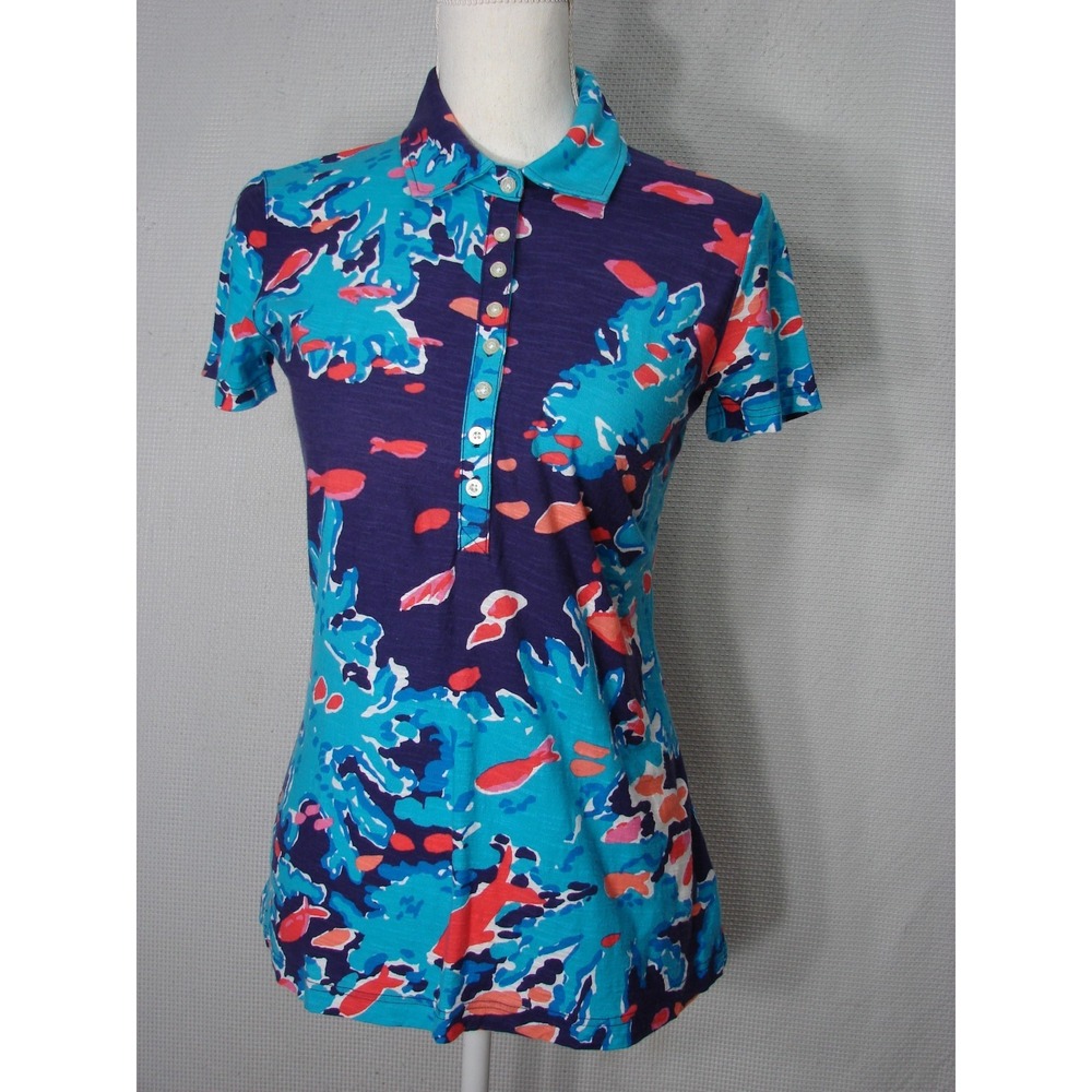 Lilly Pulitzer Trophy Polo Shirt Reef Me Up Coral Fish Blue Water Print M Cotton